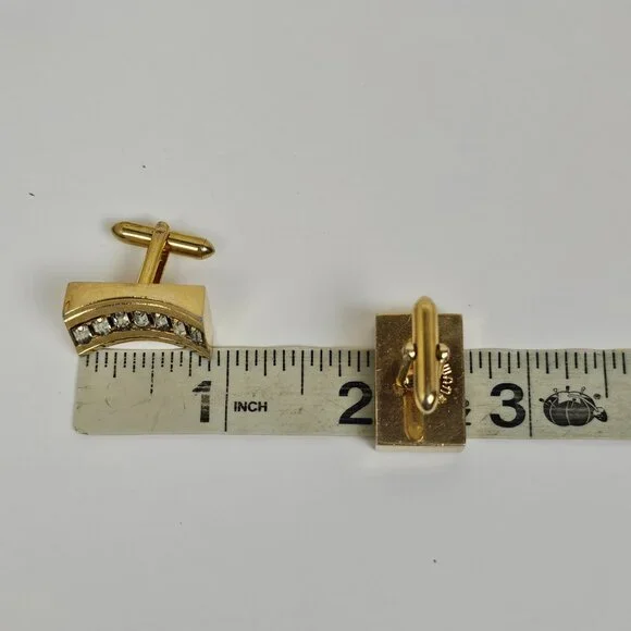 Vintage Swank Cufflinks Baguette Clear Rhinestone Gold Tone Rectangle Curved MCM - Picture 8 of 11